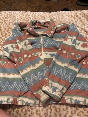 Alfred Dunner Multicolor Striped Floral Zip-Up Fleece Sweater